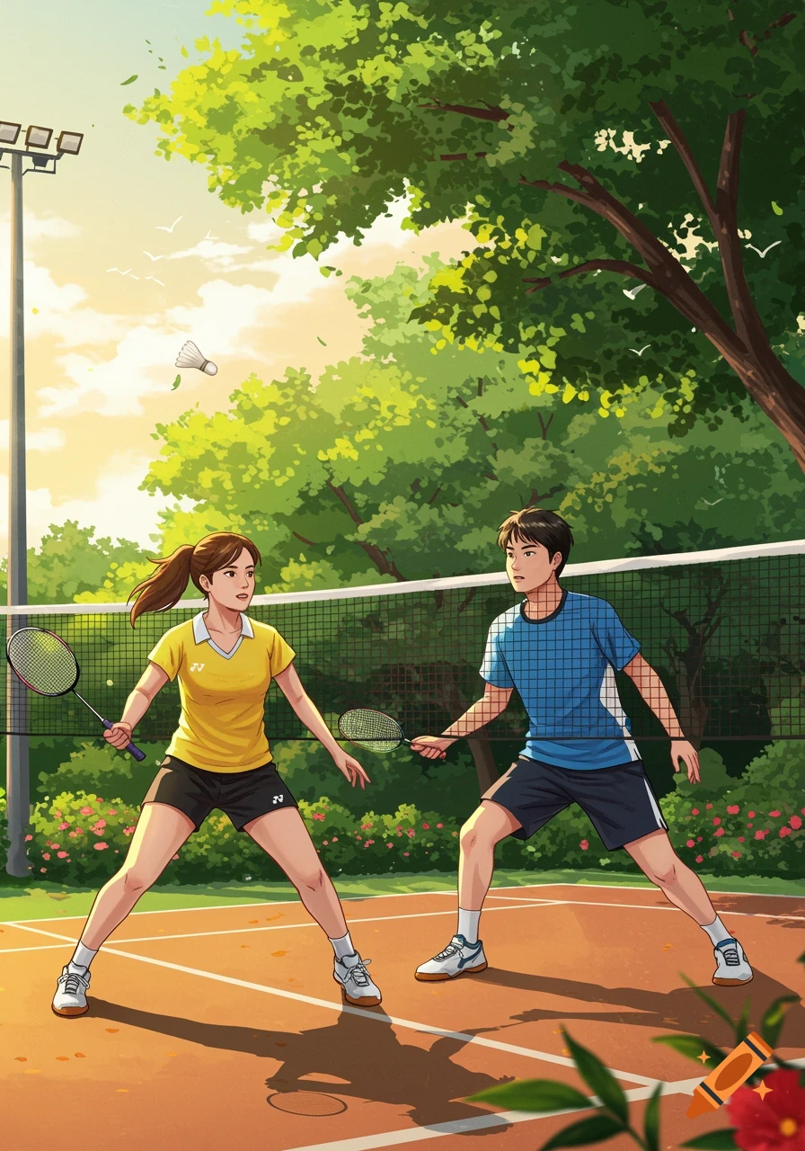 Illustrated image of a man and woman playing badminton on an outdoor court.
