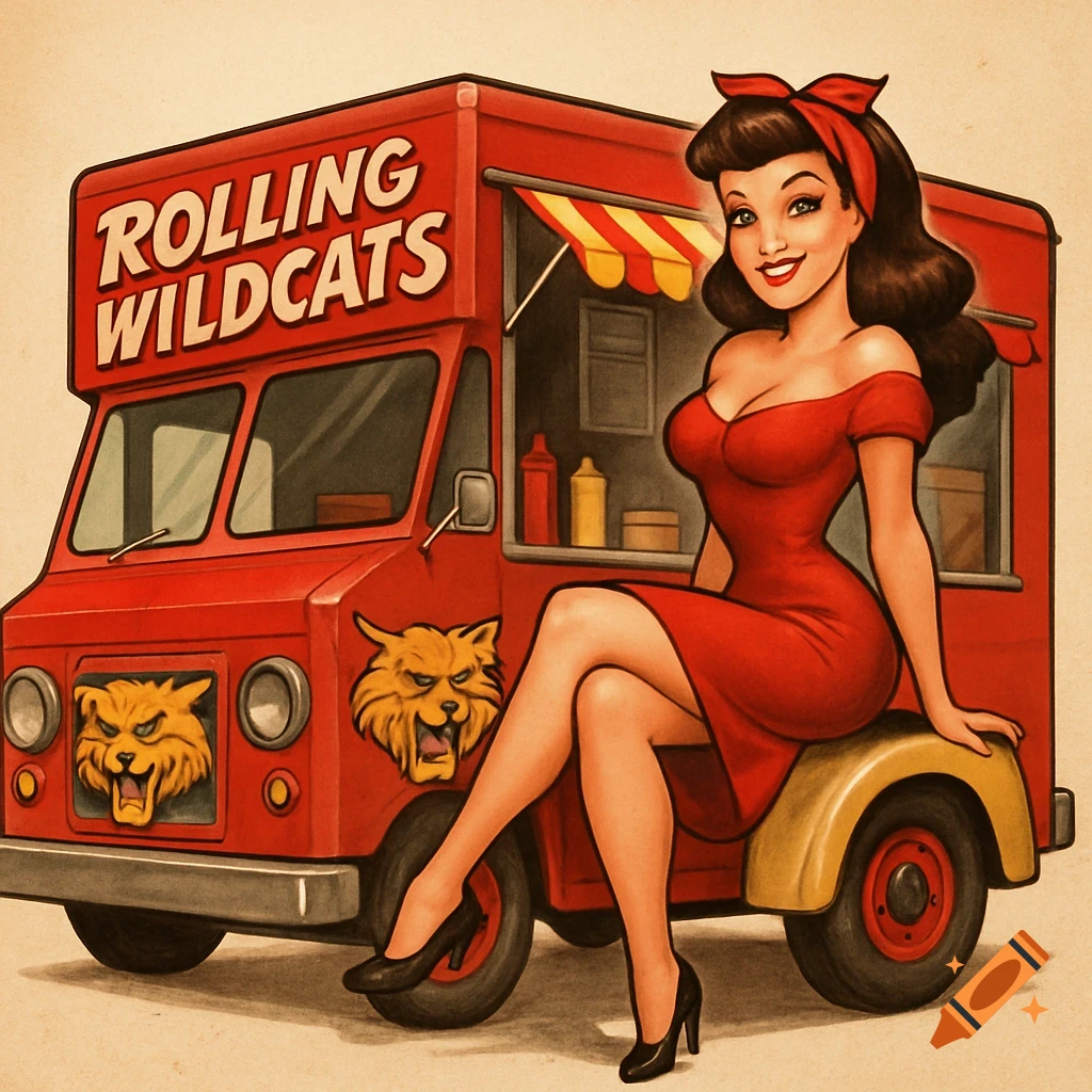 Pinup woman sits on a red food truck labeled 'Rolling Wildcats' in a cartoon style.