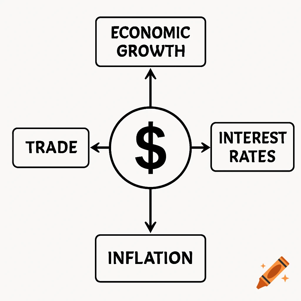 Diagram showing dollar sign linked to economic growth, trade, interest rates, inflation.