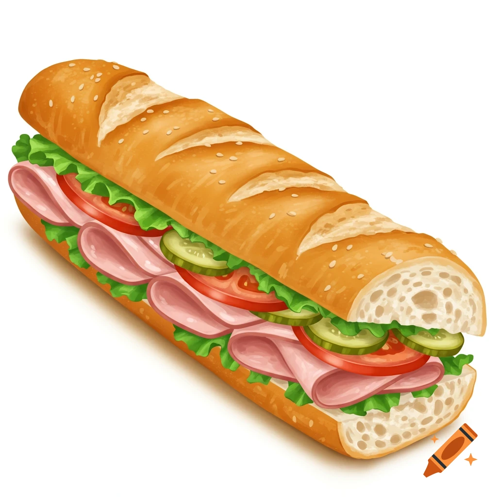 A long baguette ham sandwich with lettuce, tomato, and pickles.