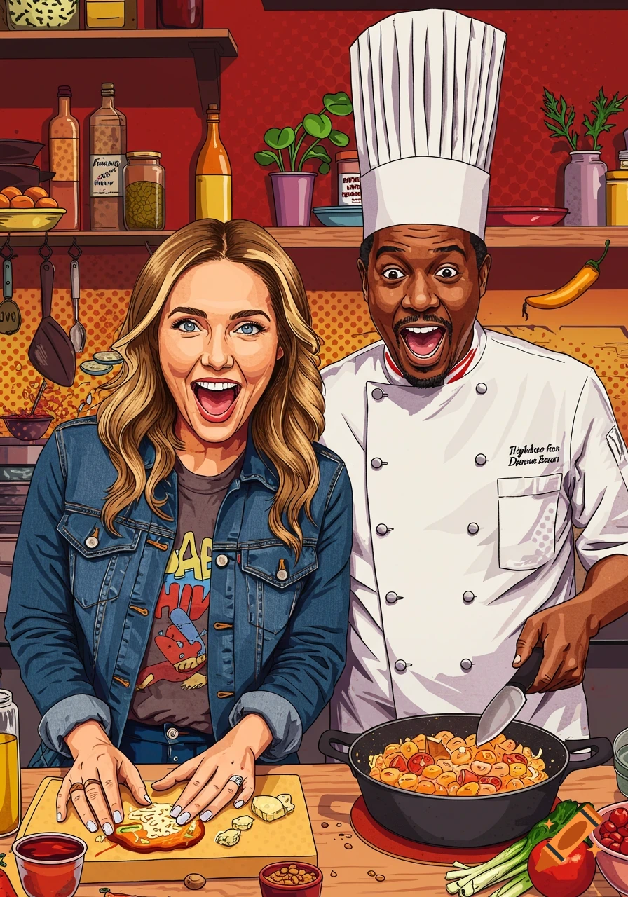 A woman and a chef cooking together in a kitchen, comic book style illustration.