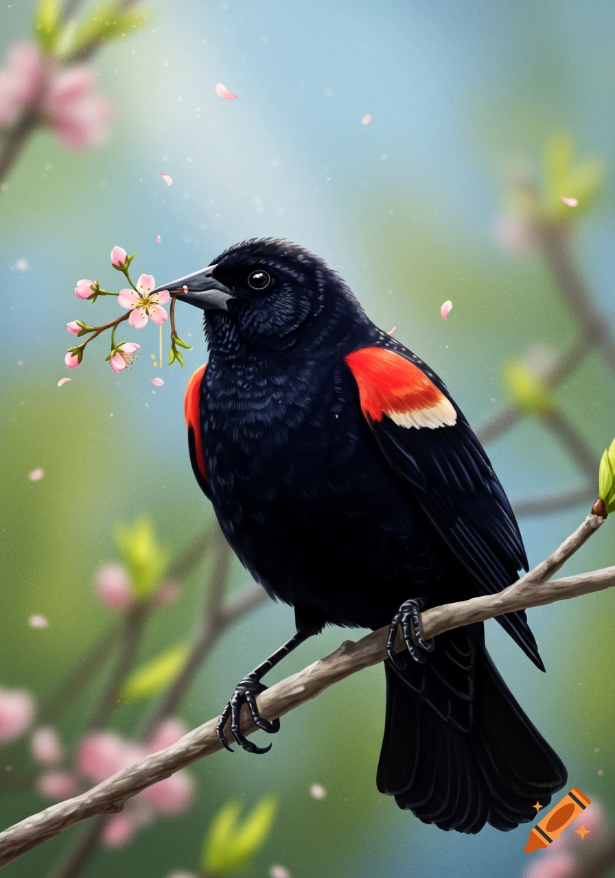 A red-winged blackbird sits on a branch, holding a pink cherry blossom twig in its beak, with petals falling.