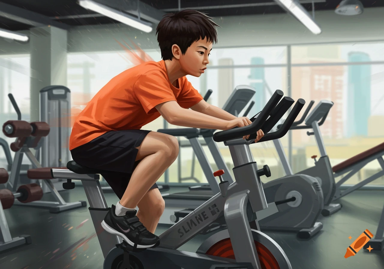 Digital illustration of a young boy riding a spin bike in a gym.