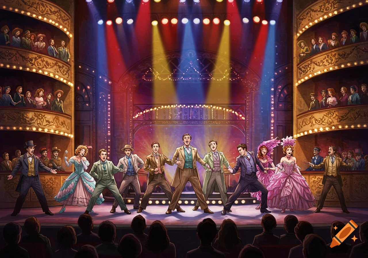 Performers sing on a brightly lit theatre stage with audience in balcony boxes.