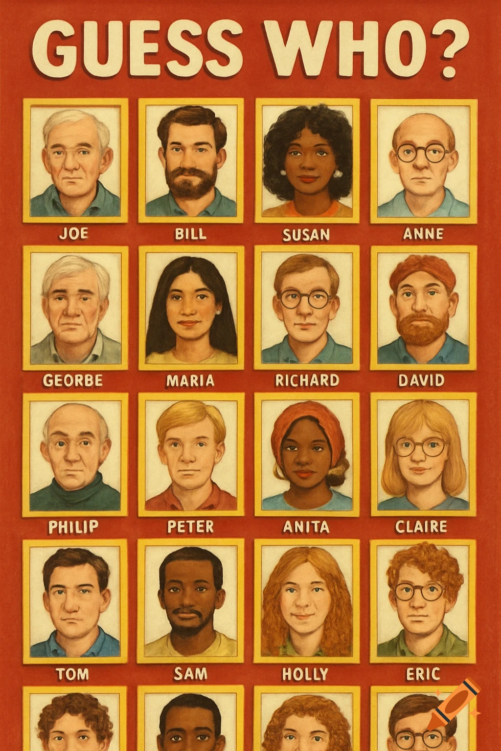 Grid of diverse portraits with names below, in the style of the board game Guess Who?