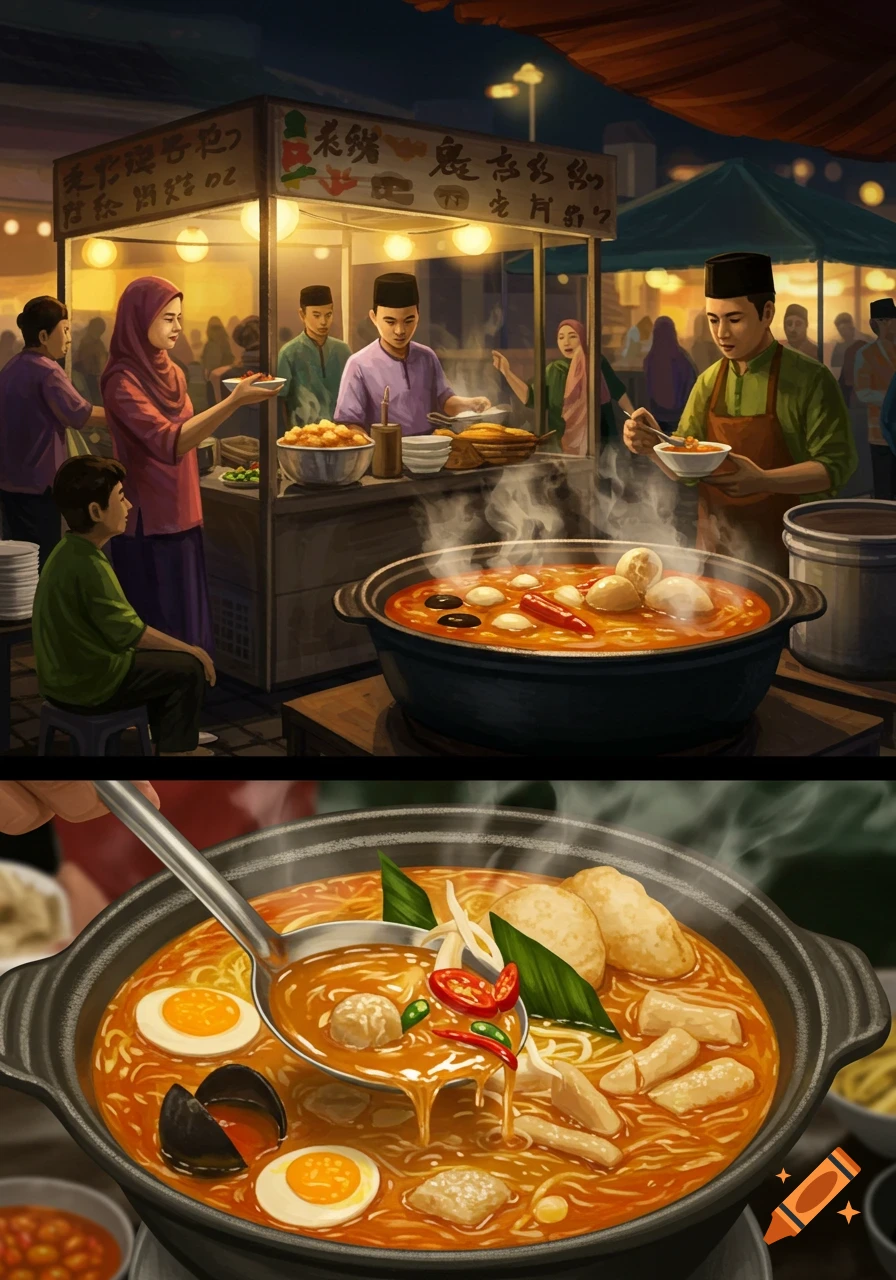 Illustration of people eating at a steaming street food stall at night, with a close-up of a bowl of spicy noodles.