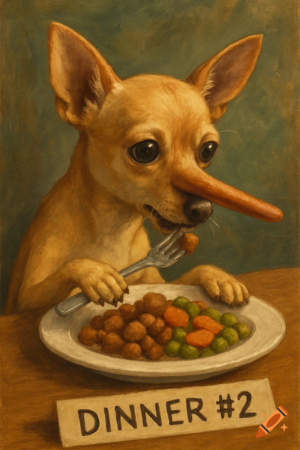 Painting of a chihuahua with a long nose eating a meal titled 'Dinner #2'.