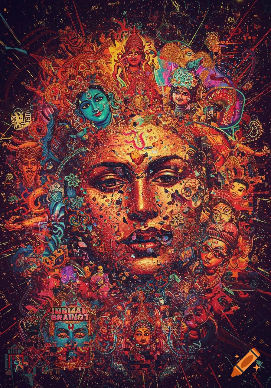 Psychedelic portrait blending human face with Hindu deities and symbols in vibrant colors.