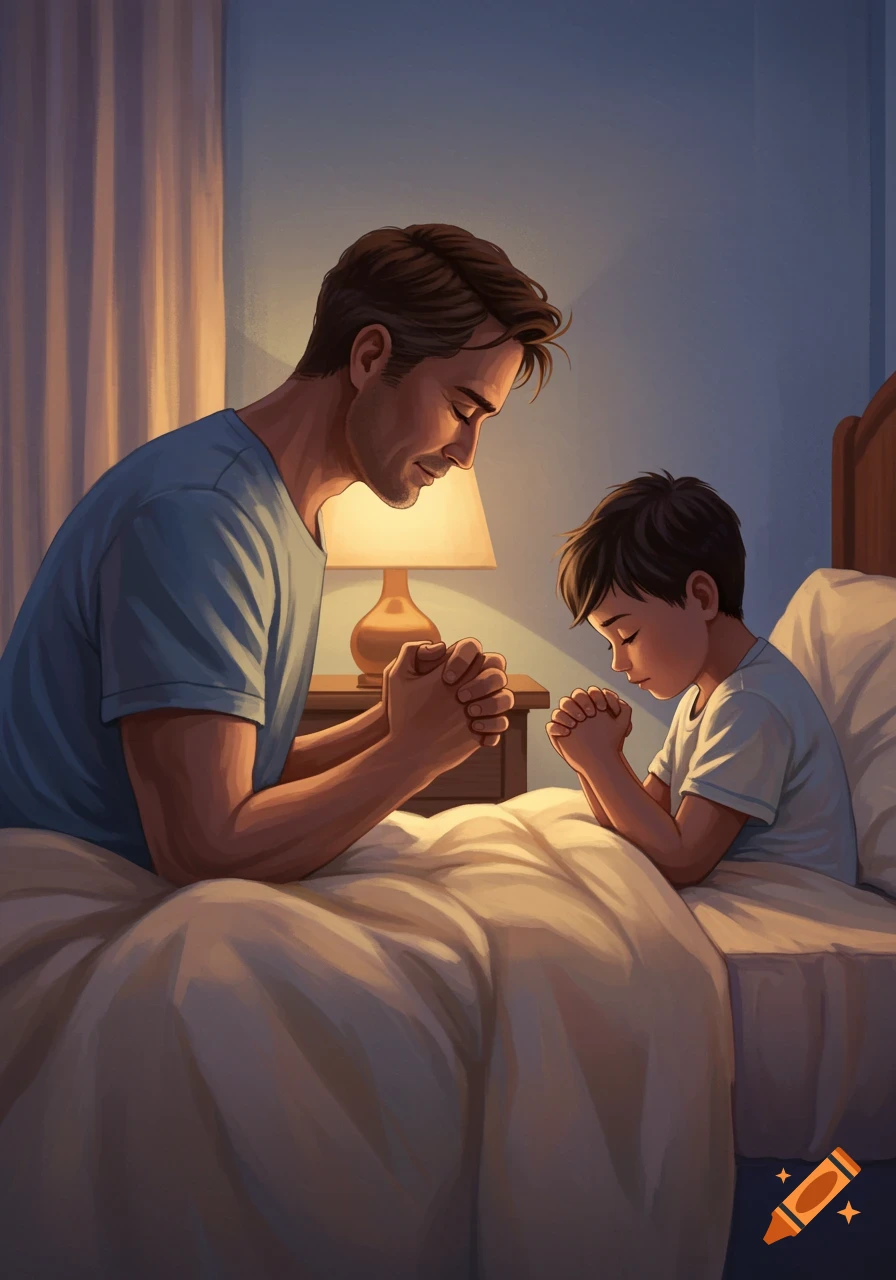 Illustration of a father and son praying together by a bed at night.