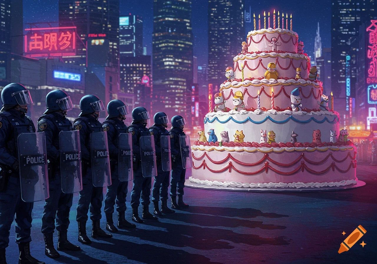 Riot police stand guard in front of a giant, multi-tiered birthday cake on a city street at night.