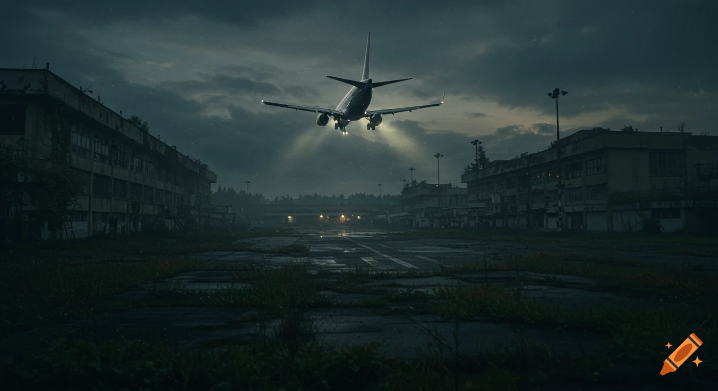 An airplane takes off from a dilapidated runway at a creepy abandoned airport under a dark, stormy sky.