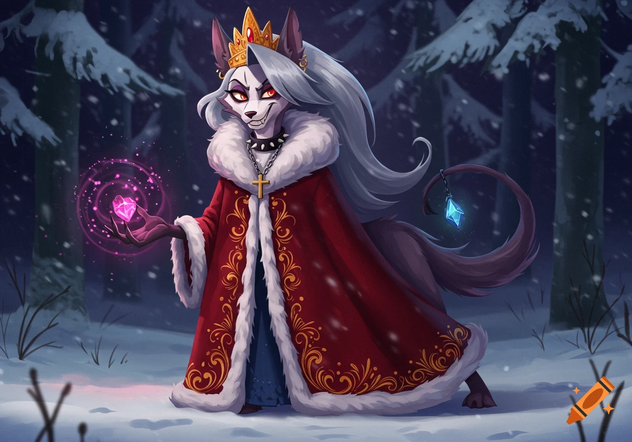 Anthromorphic wolf character in a crown and red regal cloak holding a glowing crystal in a snowy forest.