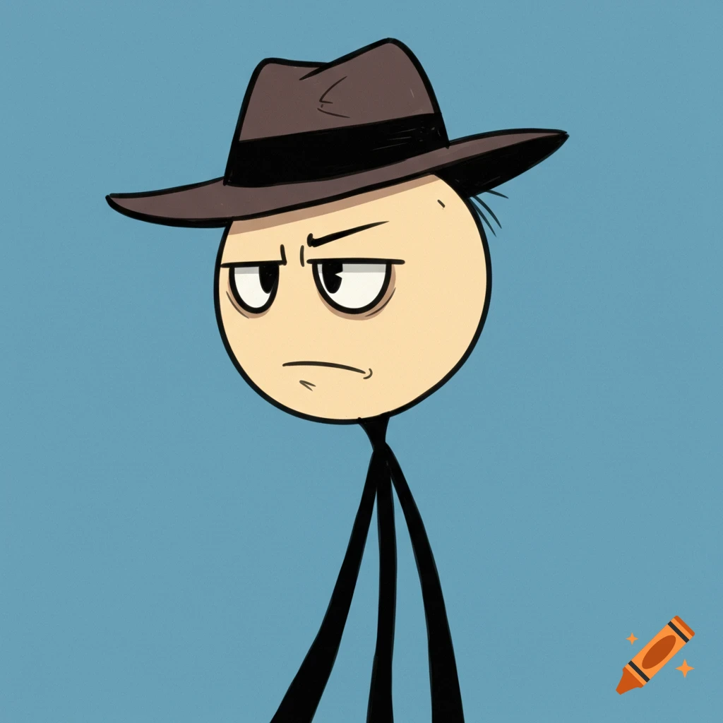 Cartoon stick figure wearing a fedora against a blue background.