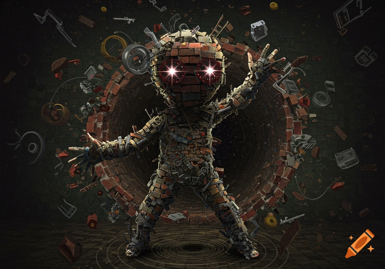 A creature made of bricks and objects stands before a vortex with glowing red eyes, surrounded by floating debris.