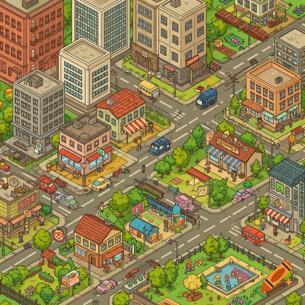 Pixel art isometric view of a busy modern city with buildings, streets, cars, people, a park, and a swimming pool.