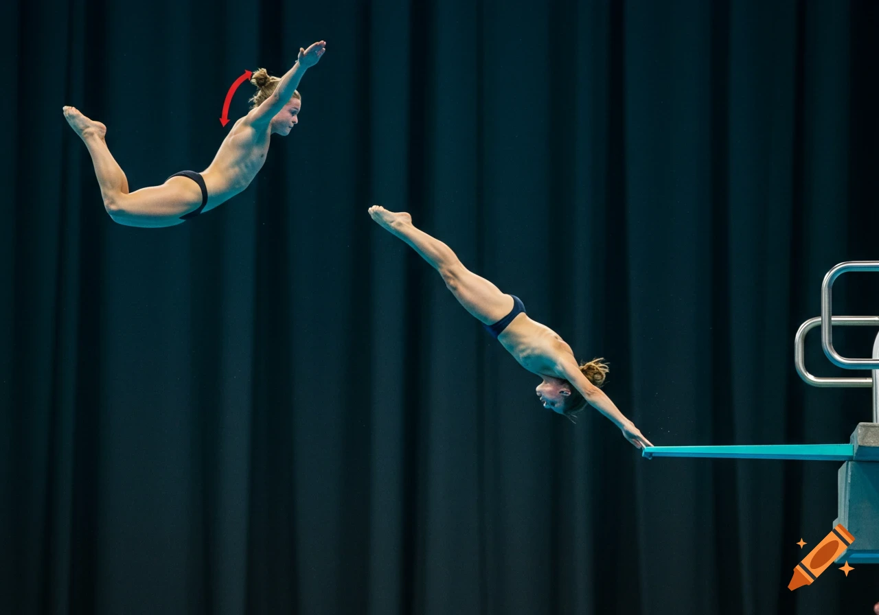 Two divers in mid-air over a pool. One is in a tuck position, the other extending towards the board.