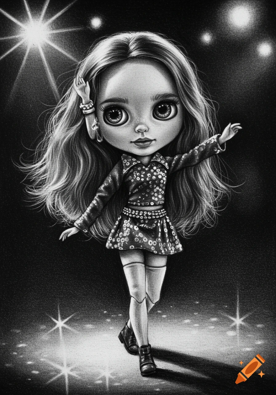 A charcoal drawing of a Blythe doll dancing disco.
