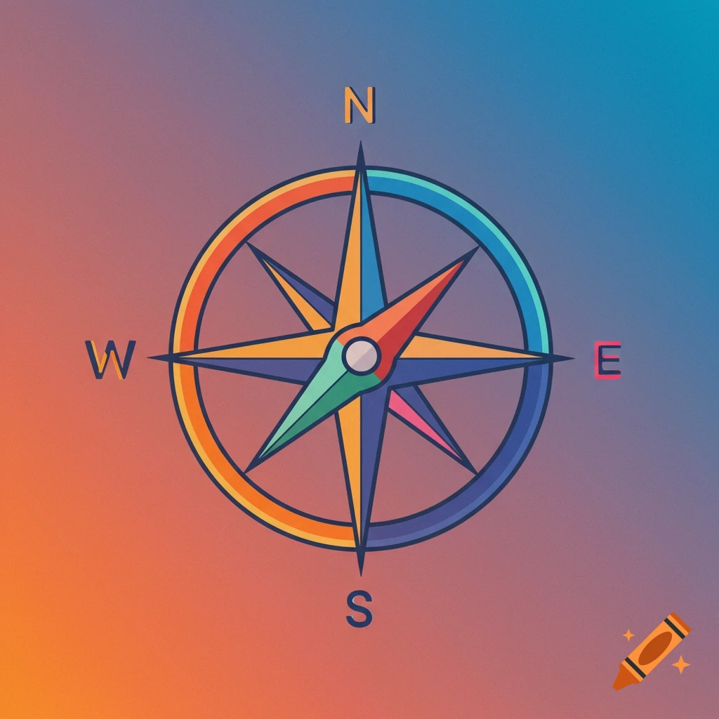 A modern, simple compass rose with vibrant colors on a gradient background.