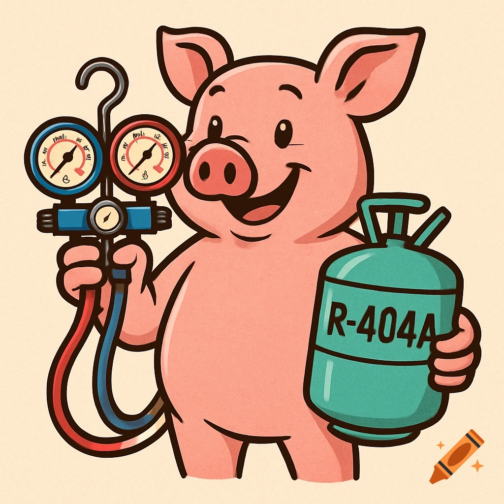 Cartoon pig holding refrigeration gauges and a jug labelled R-404A