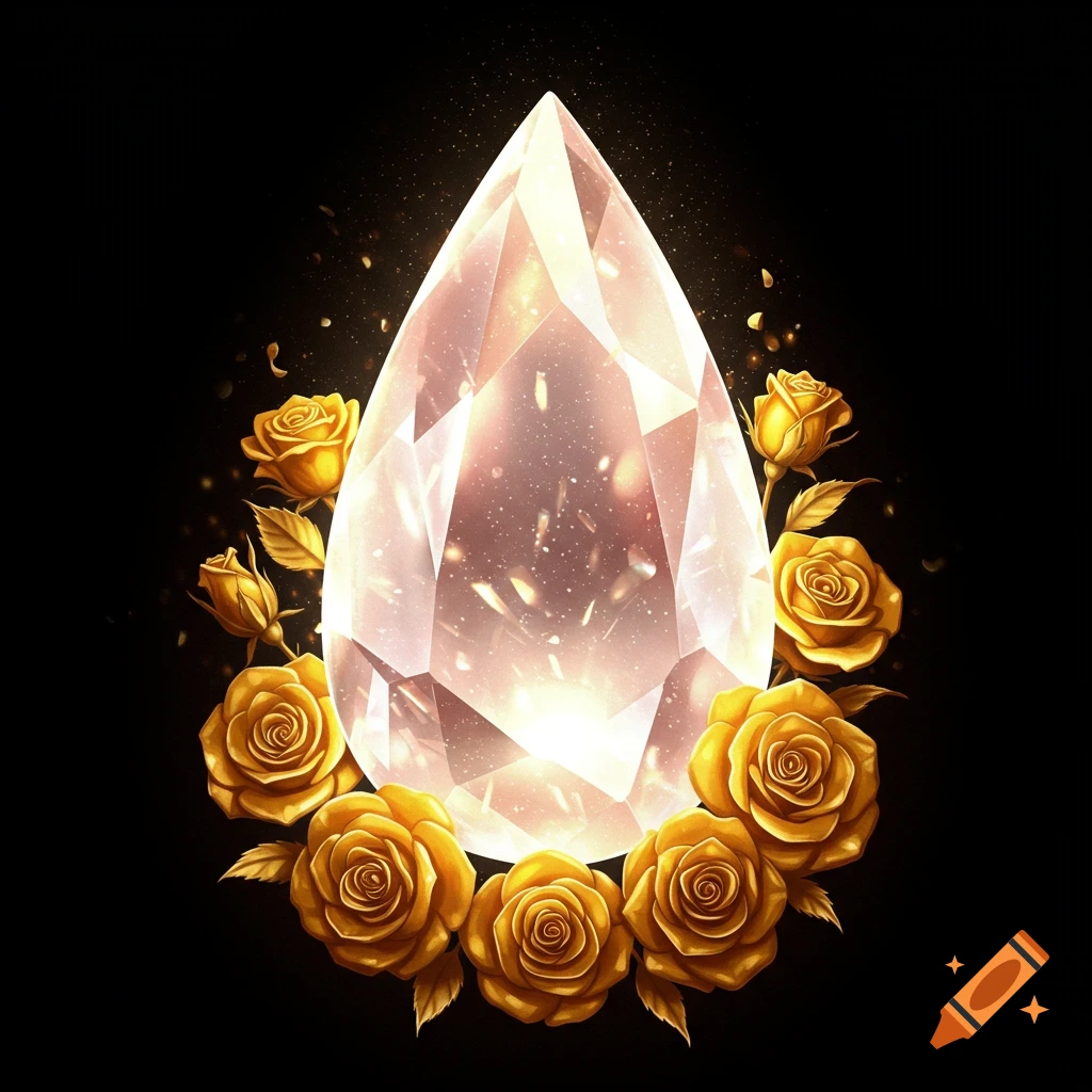 Teardrop crystal surrounded by golden roses on a black background with glitter.