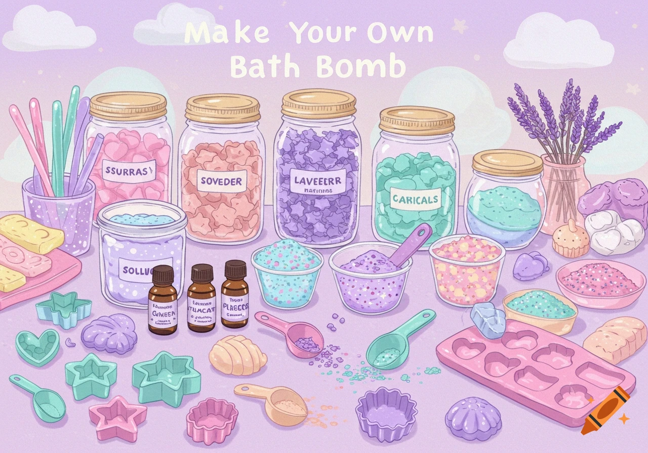 Illustration of ingredients and tools for making bath bombs, including jars, bottles, molds, and scoops.