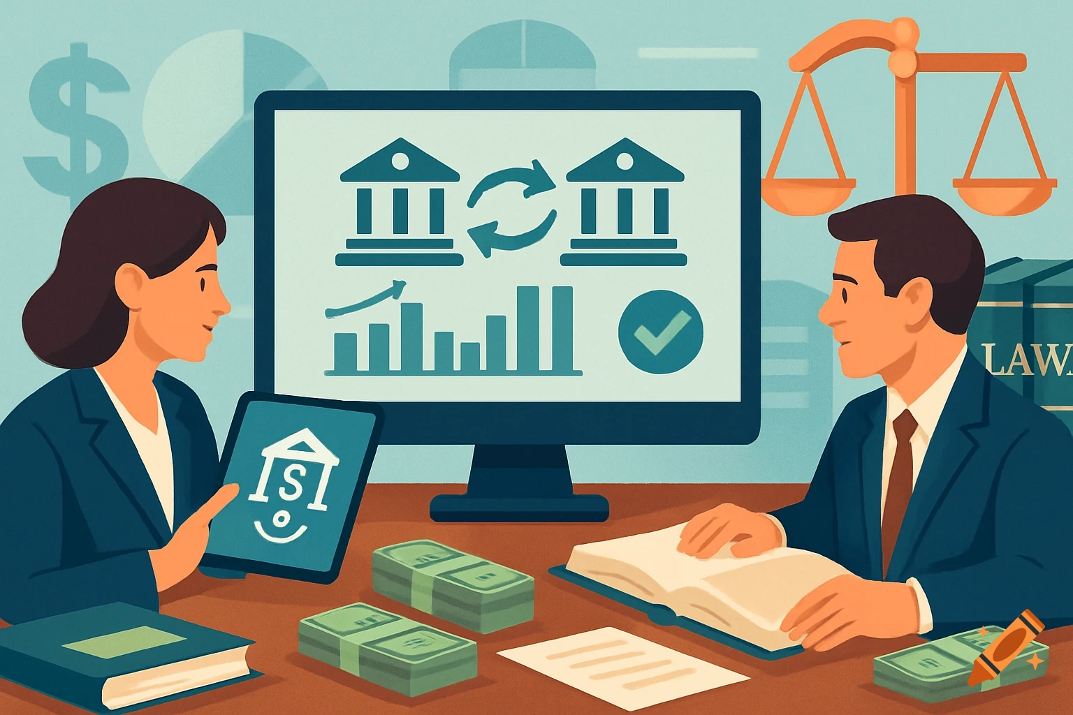 Illustration of two people discussing finance and law with computers, money, books, and scales of justice.