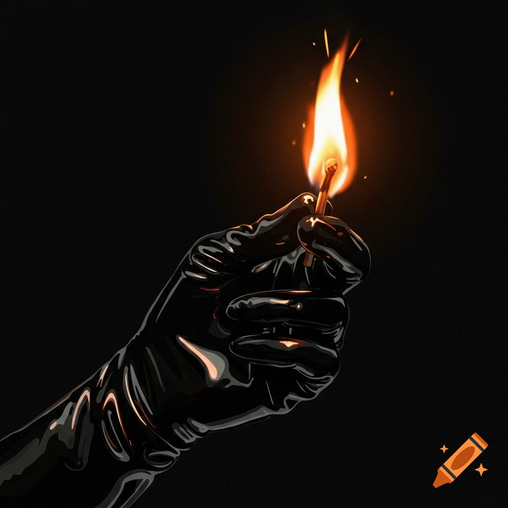 A hand in a shiny black glove holds a lit match against a dark background.