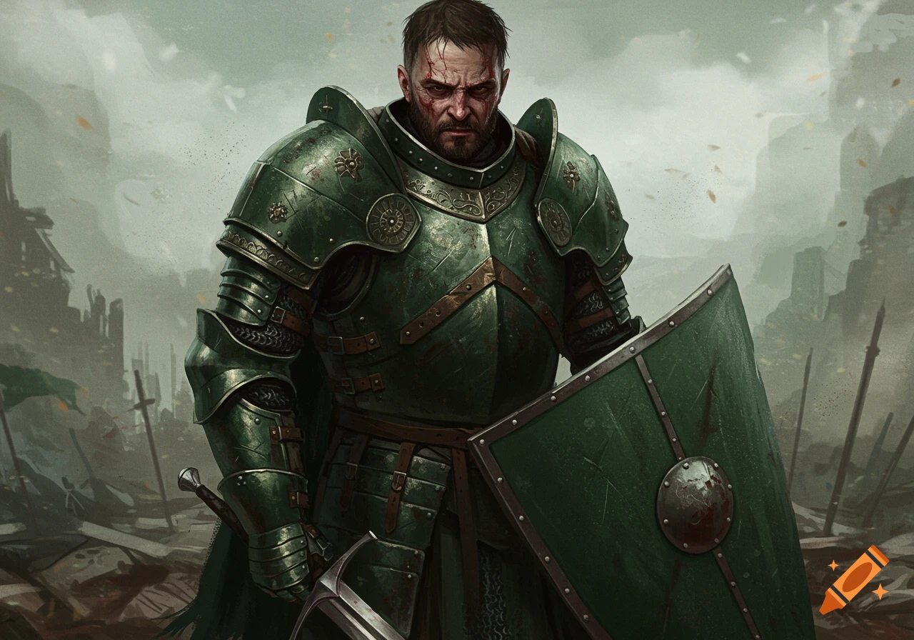 A tough-looking knight in green armor stands on a battleground, holding a shield and sword.