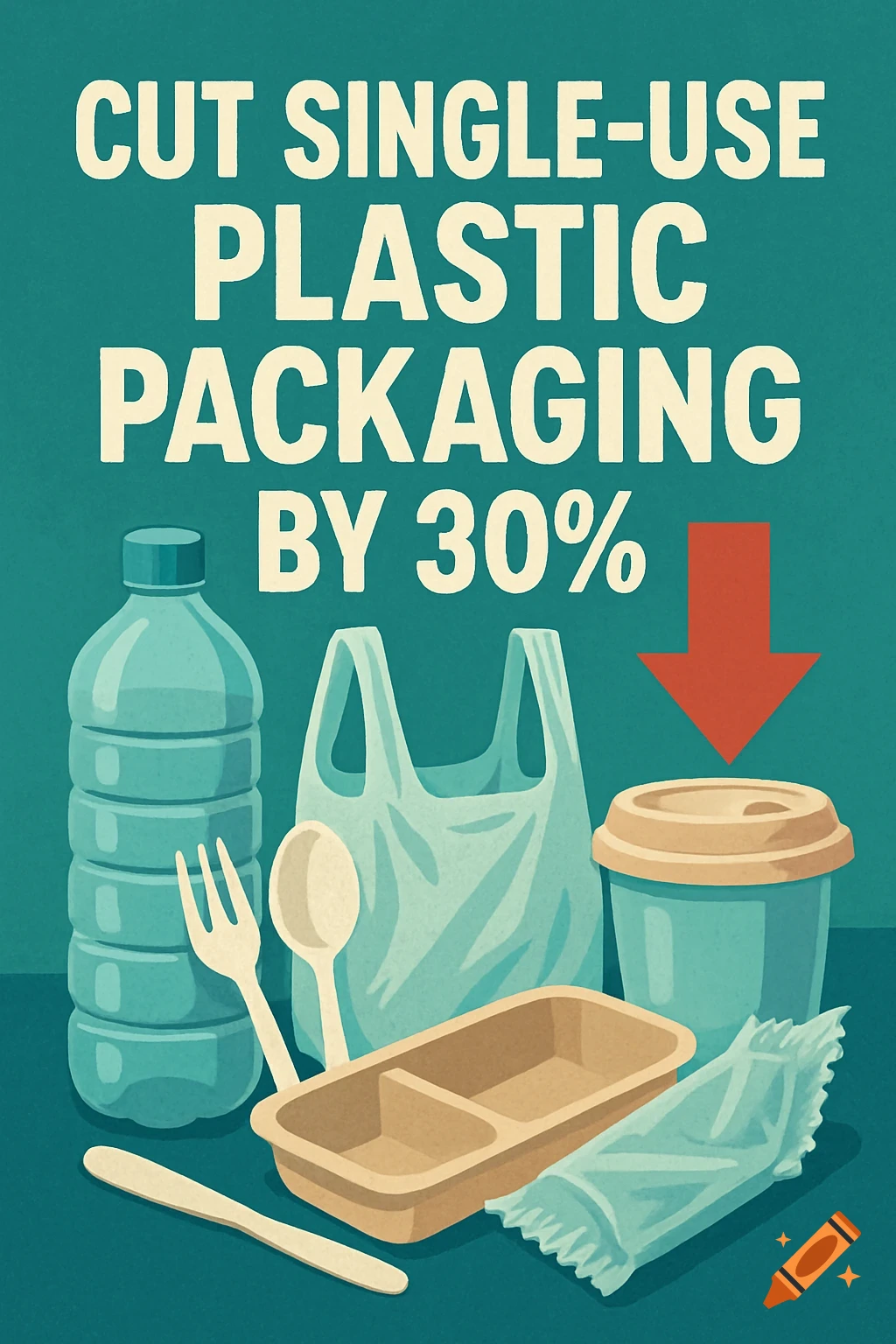 Illustration poster about cutting single-use plastic packaging, shows plastic bottle, bag, and food containers.