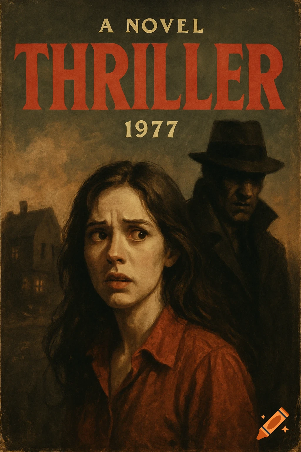 Vintage thriller novel cover with a scared woman in the foreground and a shadowy figure behind her. Text reads "A NOVEL THRILLER 1977".