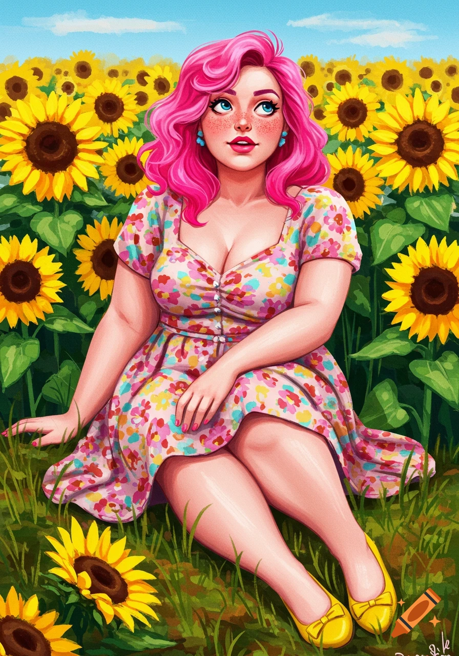 A woman with pink hair sits among sunflowers, wearing a floral dress.