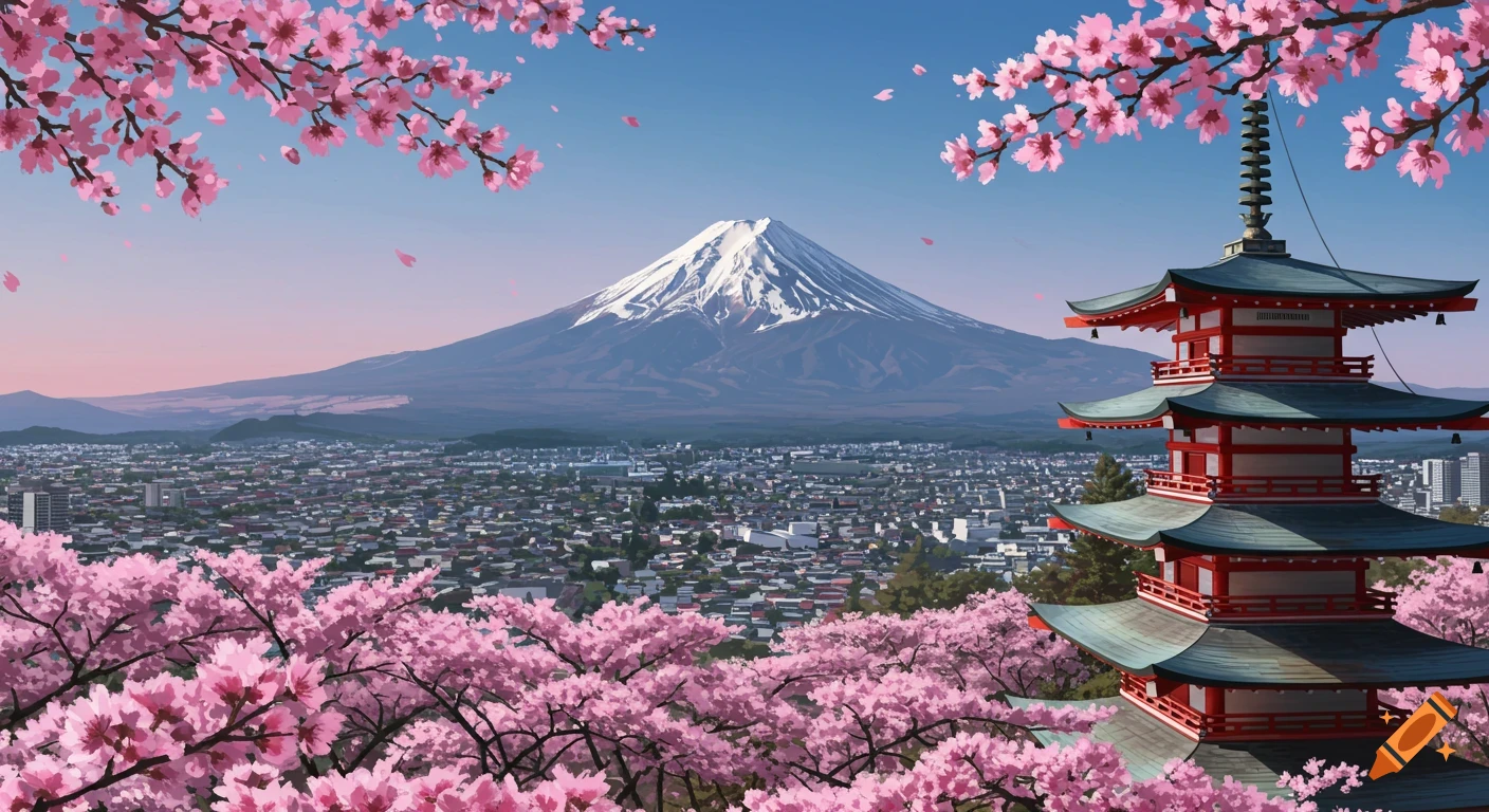 Cherry blossoms frame Mount Fuji, a pagoda, and a city view.
