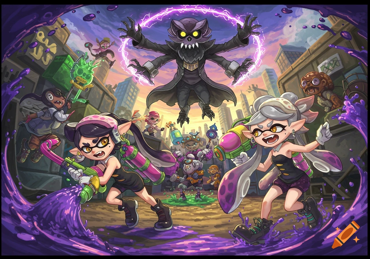 Splatoon characters Callie and Marie battle a large shadowy figure in a city, surrounded by purple ink splashes.