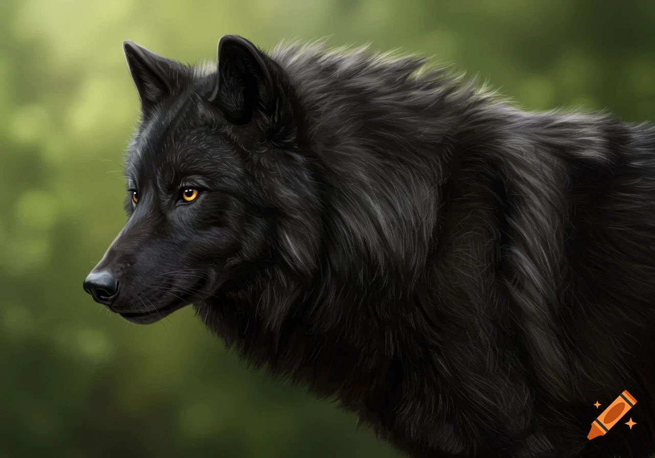 Close-up profile of a black wolf with piercing yellow eyes against a blurred green background.