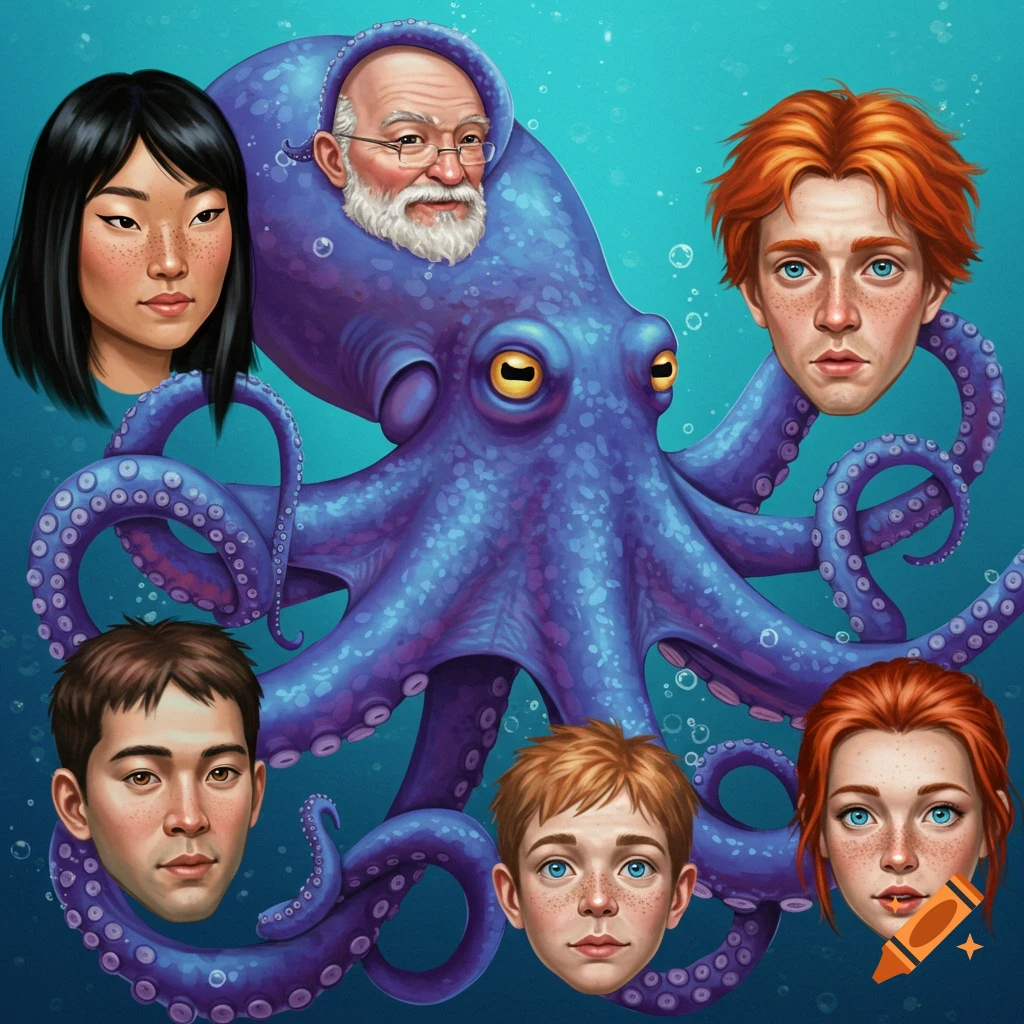 Illustrated image of a blue octopus with five human heads attached to its tentacles and body, underwater.