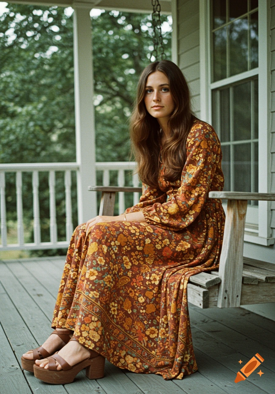 Young woman in a floral 1970s dress sitting on a porch swing, photo.