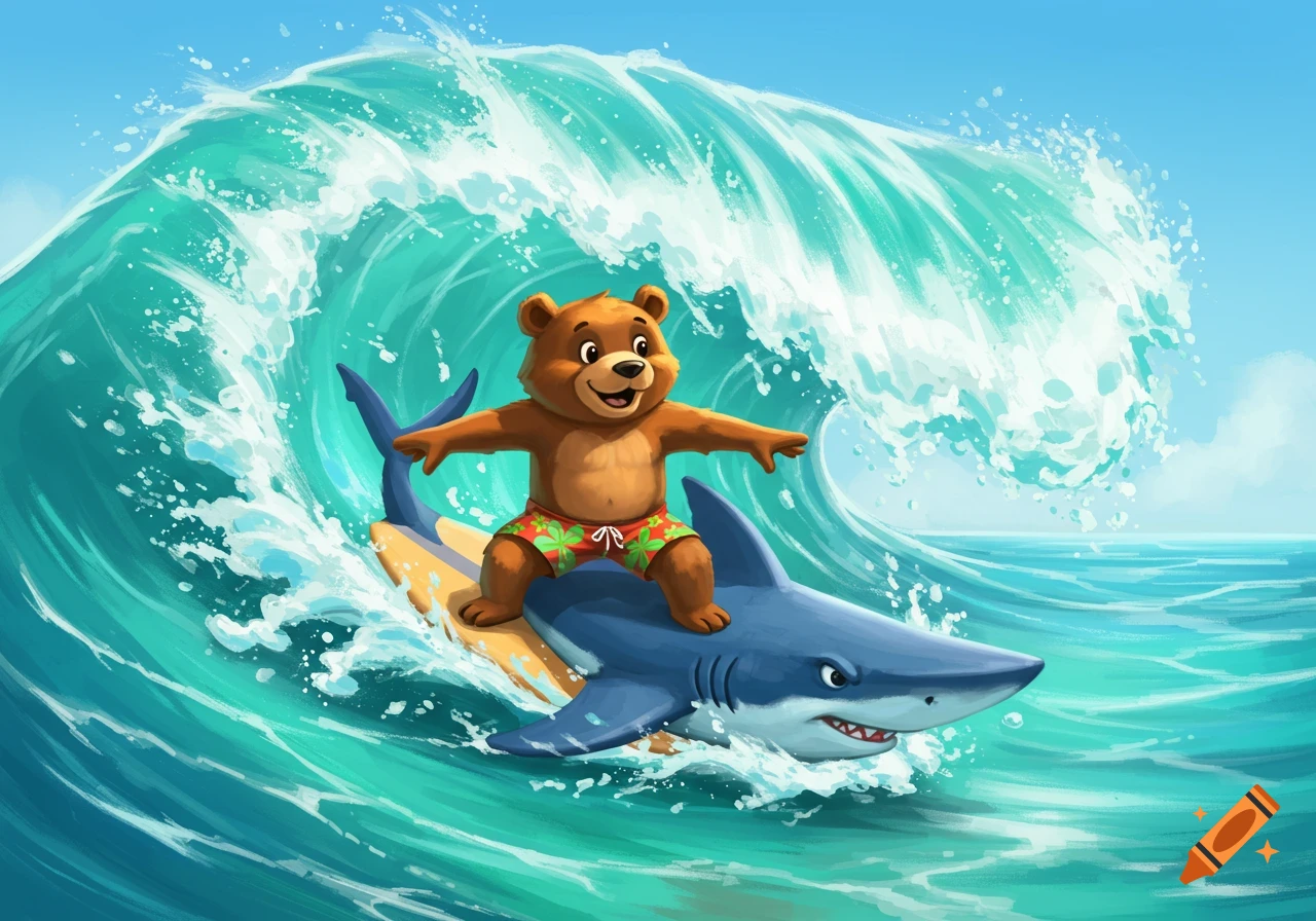 A cartoon bear mascot surfs on a shark in a large wave.