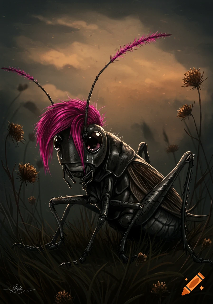 An illustration of a sad cricket with pink emo hair in a field at sunset.