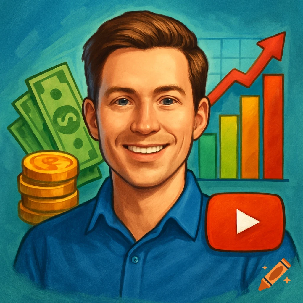 Smiling man with money, coins, chart, and YouTube logo in painterly style