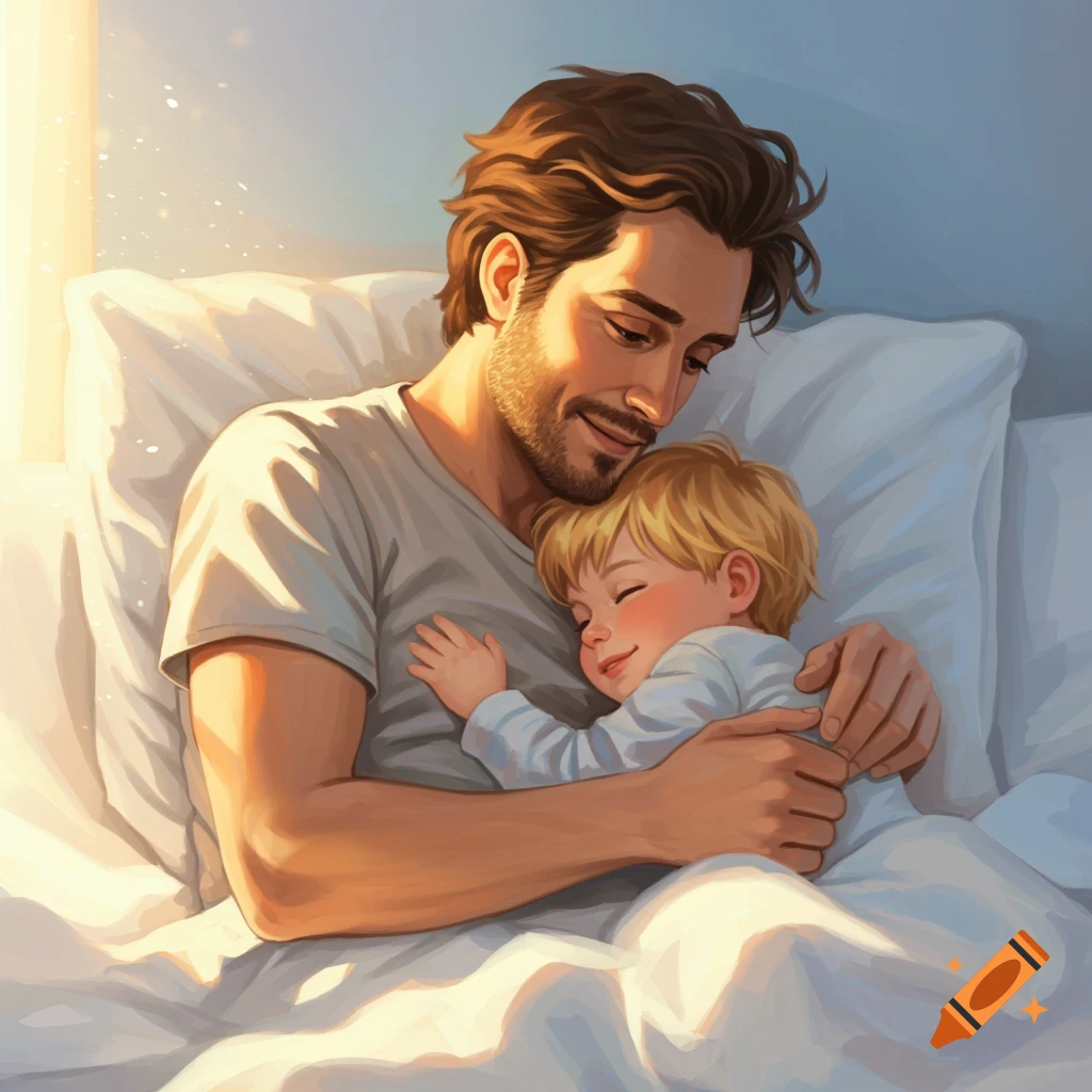 Illustration of a father hugging his young son in bed