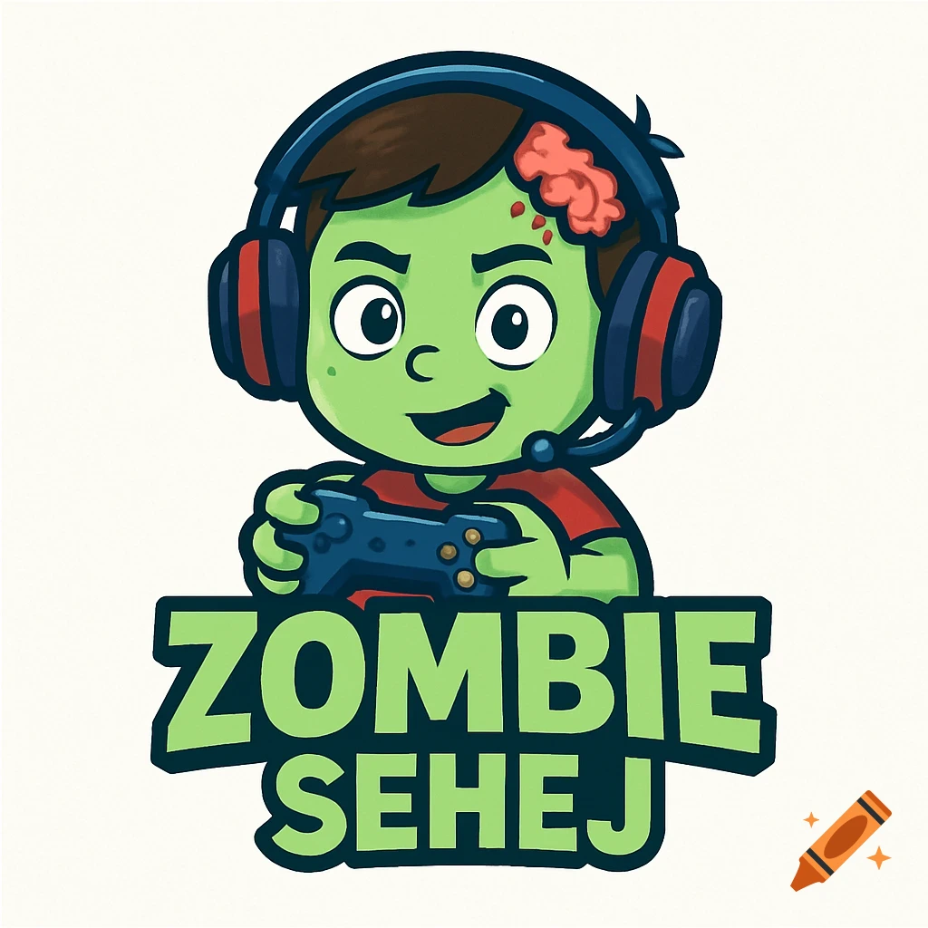 Cartoon zombie kid wearing headphones and holding a game controller, with text 'ZOMBIE SEHEJ' below, logo style.