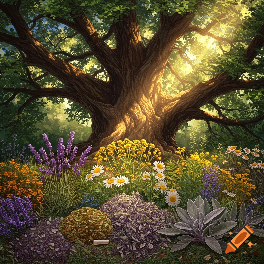 Sunlight filters through a large tree in a forest clearing, surrounded by colorful flowers and herbs including lavender and daisies.
