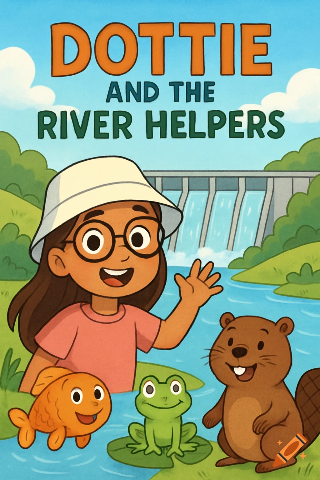 Cartoon illustration of a girl, fish, frog, and beaver by a river and dam, with text 'Dottie and the River Helpers'.