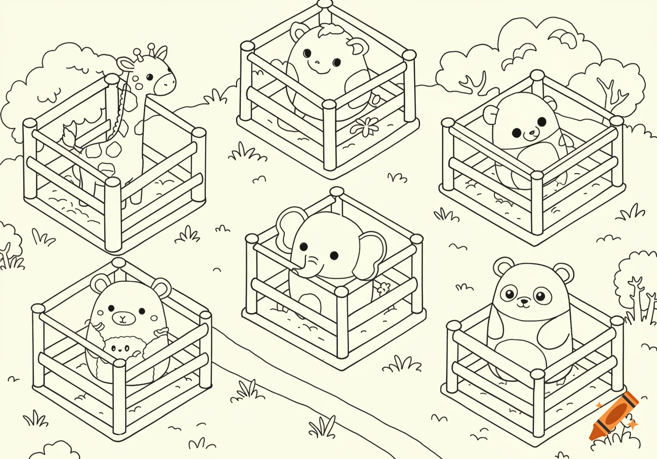 Black and white coloring page illustration of cute cartoon animals (giraffe, bears, elephant, panda) in pens at a zoo.