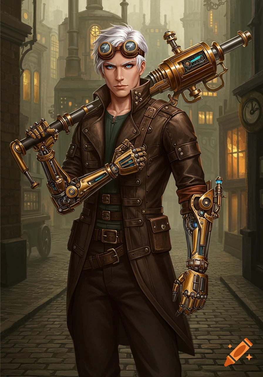 Steampunk man with white hair, goggles, mechanical arms, and a weapon over his shoulder in a street.