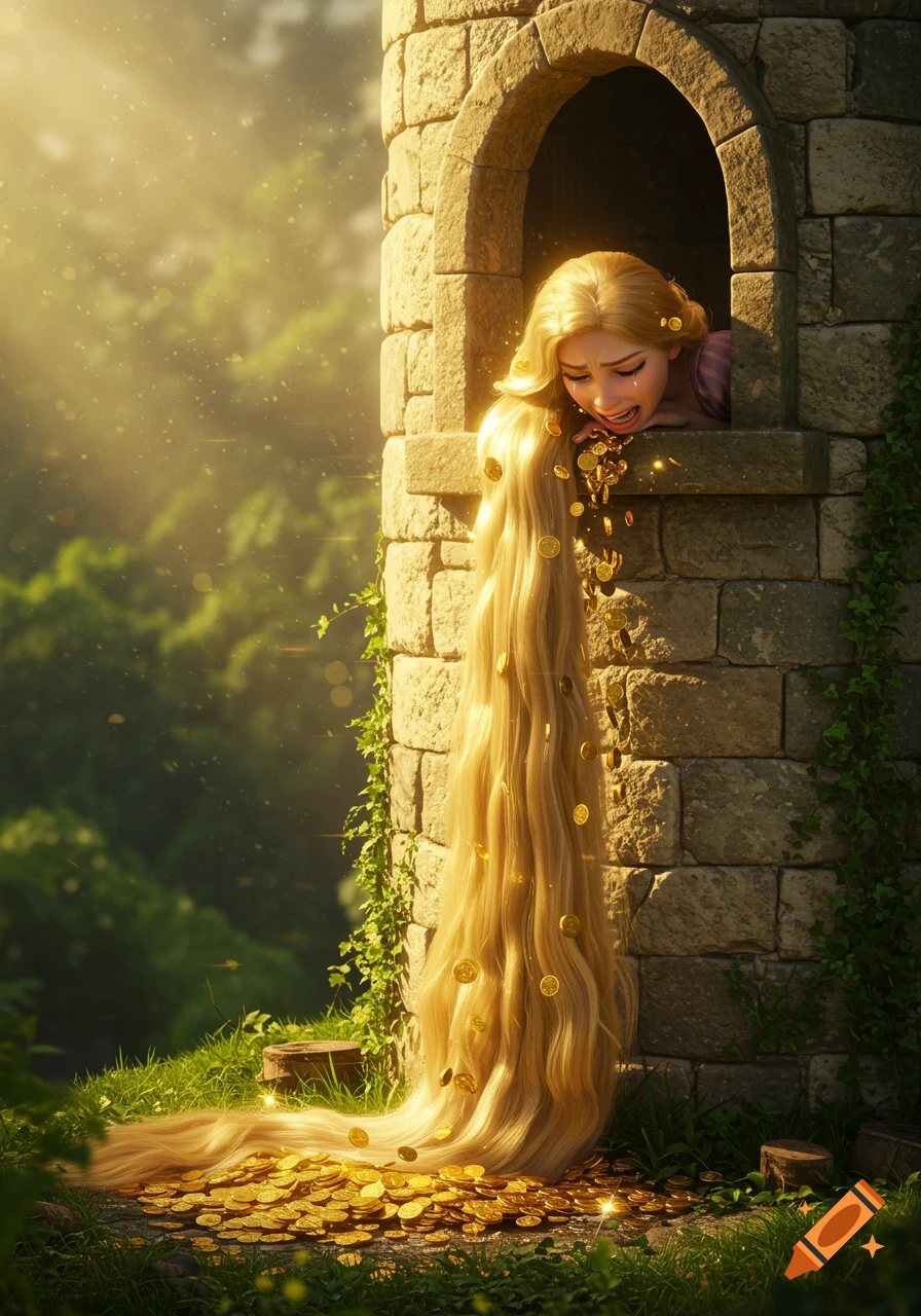 Rapunzel leaning from a tower window crying gold coins that cascade down her hair and onto the ground.