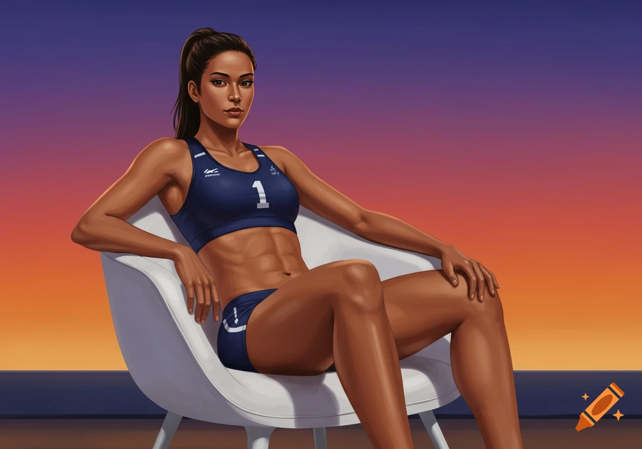 Digital painting of a female volleyball player sitting in a chair at sunset.
