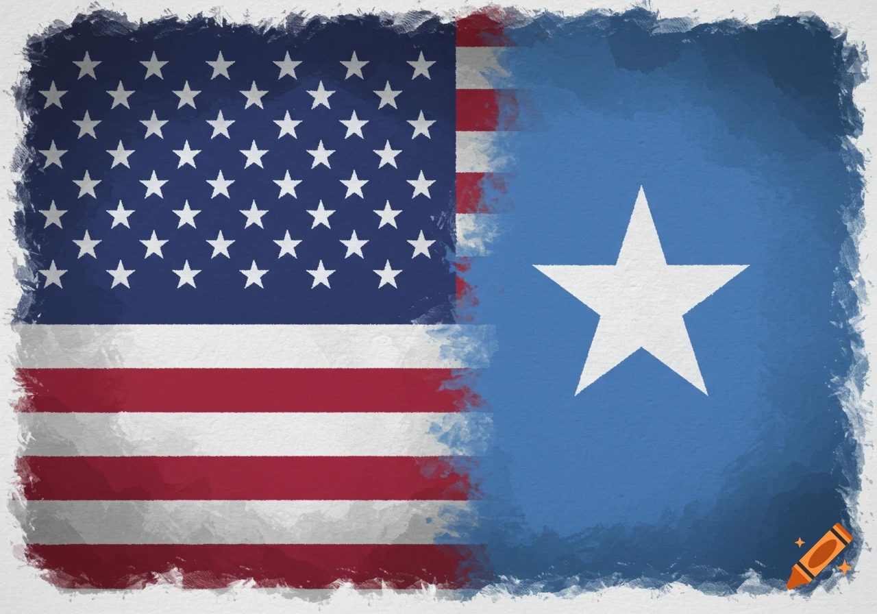 Combined US and Somali flags in a brushstroke style