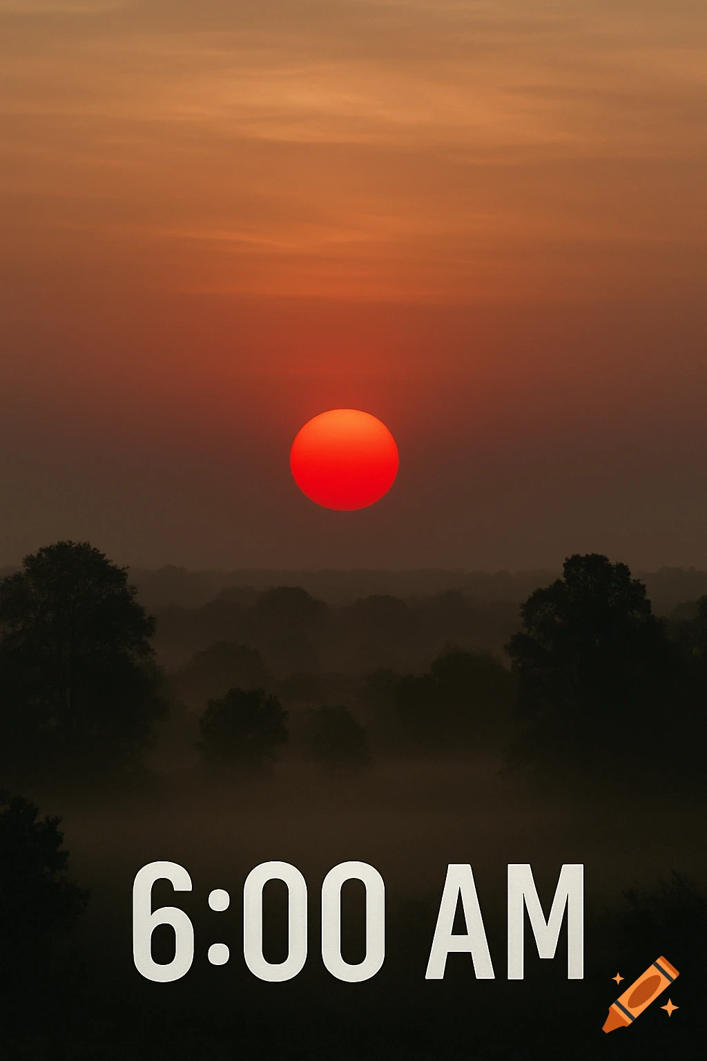 A large red sun over a foggy landscape with the text 6:00 AM at the bottom.