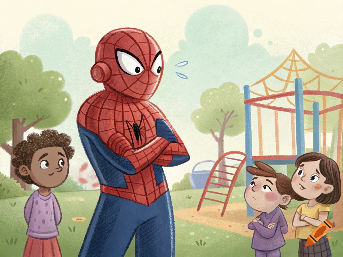 Cartoon illustration of Spider-Man in a playground with kids looking surprised.